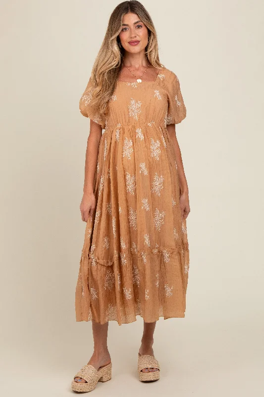 Camel Floral Print Ruffle Hem Maternity Maxi Dress Chic Off-Shoulder Maxi Dress