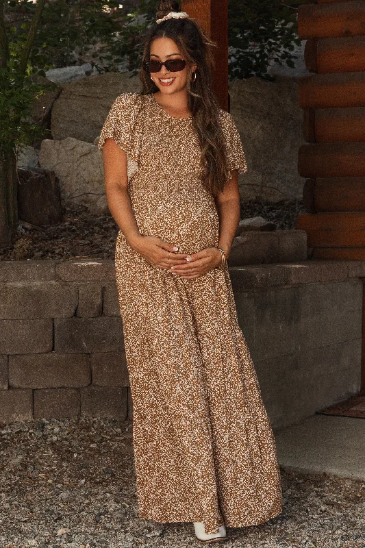 Camel Floral Smocked Flutter Sleeve Maternity Maxi Dress Comfortable Maxi Dress with Belt