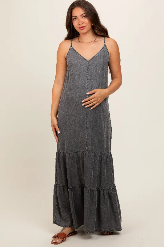 Charcoal Chambray Ruffle Hem Maternity Maxi Dress Cozy Maxi Dress with Slit