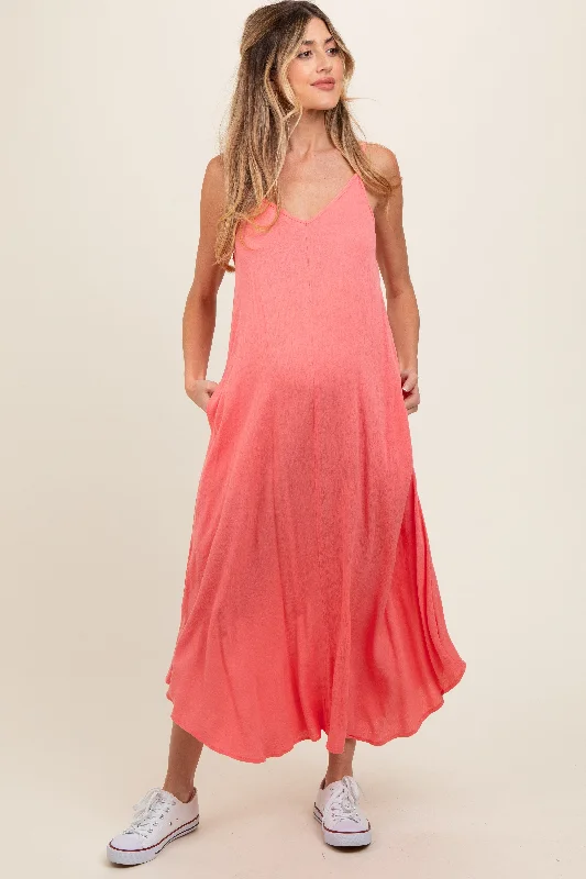 Coral Lightweight Sleeveless V-Neck Maternity Maxi Dress Comfortable Flowy Maxi Dress