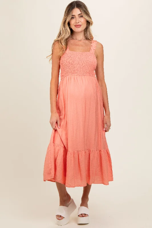 Coral Smocked Bodice Maternity Maxi Dress Elegant Pleated Maxi Dress