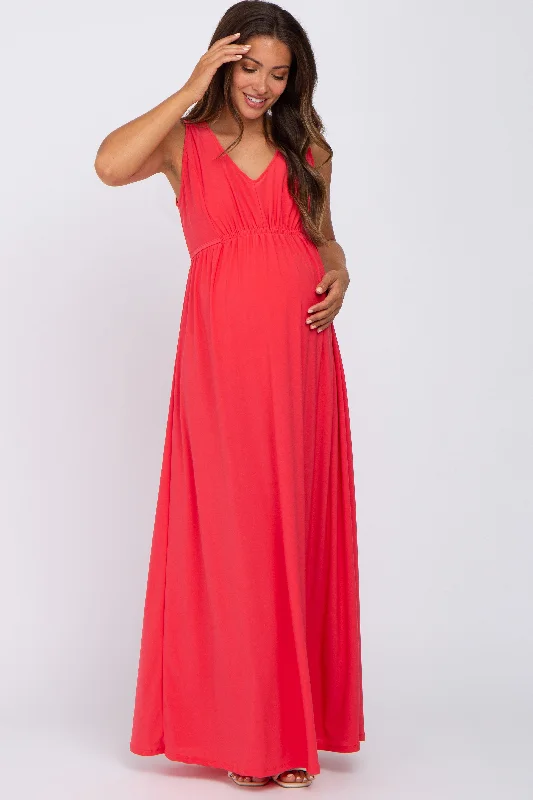 Coral V-Neck Sleeveless Maternity Maxi Dress Comfortable Satin Maxi Dress