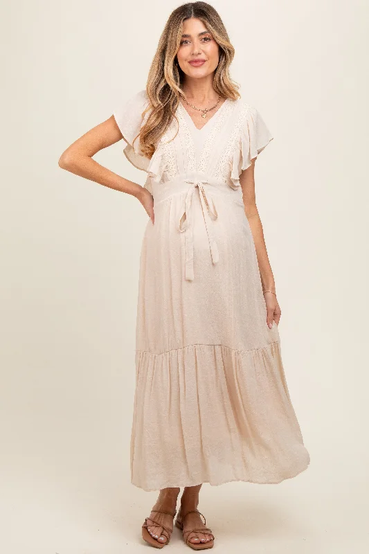 Cream Cuffed Sleeve Front Tie Maternity Maxi Dress Fashionable Asymmetrical Maxi Dress