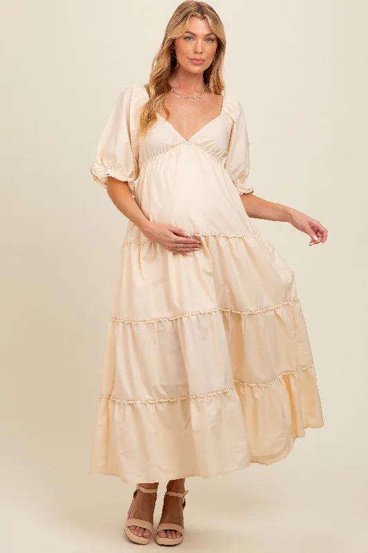 Cream Deep V-Neck Tiered Maternity Maxi Dress Trendy Maxi Dress with Straps