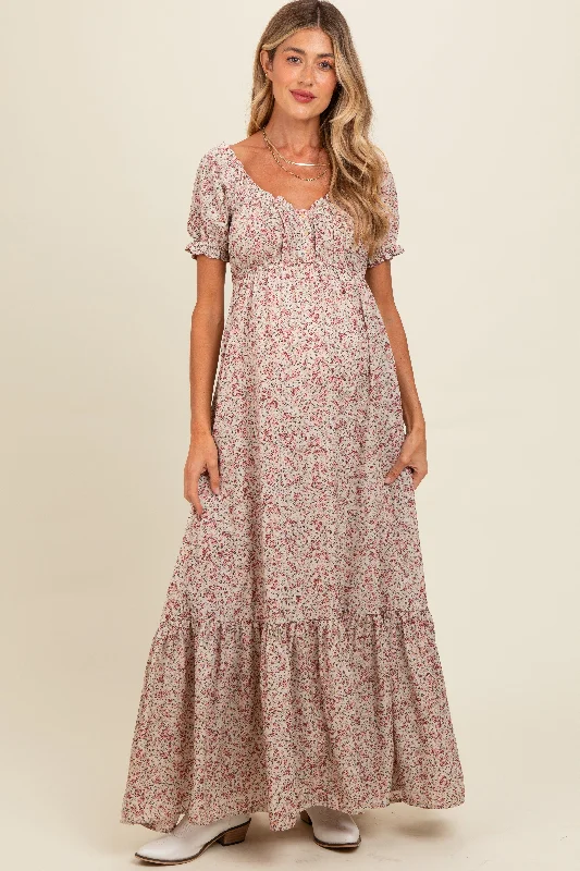 Cream Floral Button Accent Maternity Maxi Dress Comfortable Bohemian Maxi Dress