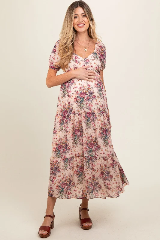 Cream Floral Chiffon Maternity Maxi Dress Fashionable Button-Down Maxi Dress