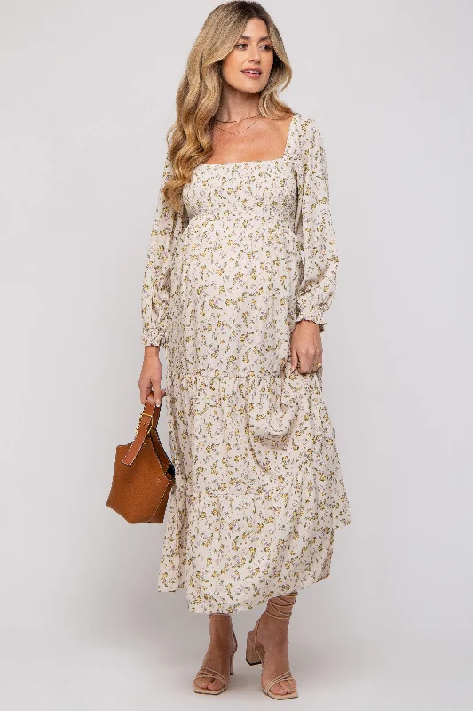 Cream Floral Smocked Long Sleeve Maternity Maxi Dress Elegant Tiered Maxi Dress