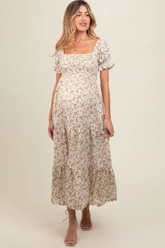 Cream Floral Smocked Square Neck Tiered Puff Short Sleeve Maternity Maxi Dress Trendy Maxi Dress with Straps