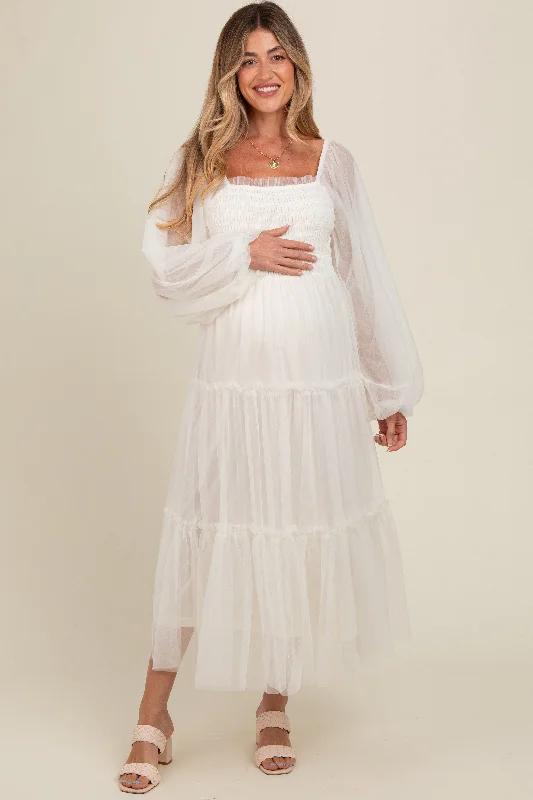 Cream Mesh Tiered Long Sleeve Maternity Maxi Dress Comfortable Bohemian Maxi Dress