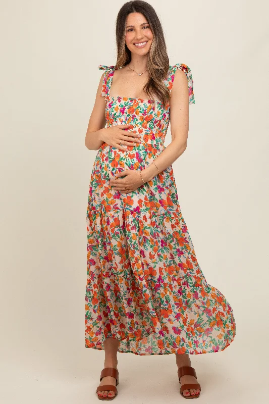 Cream Multi-Color Floral Smocked Sleeveless Maternity Maxi Dress Trendy Fit-and-Flare Maxi Dress