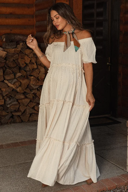 Cream Off Shoulder Ruffle Tiered Maternity Maxi Dress Fashionable Open-Back Maxi Dress