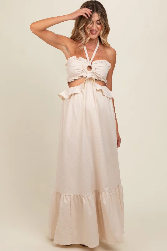 Cream Ruffle Top Cutout Linen Halter Maternity Maxi Dress Trendy Short Sleeve Maxi Dress