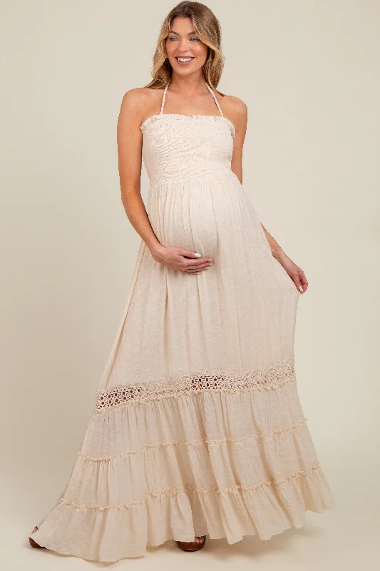 Cream Smocked Open Back Maternity Maxi Dress Cozy Spaghetti Strap Maxi Dress