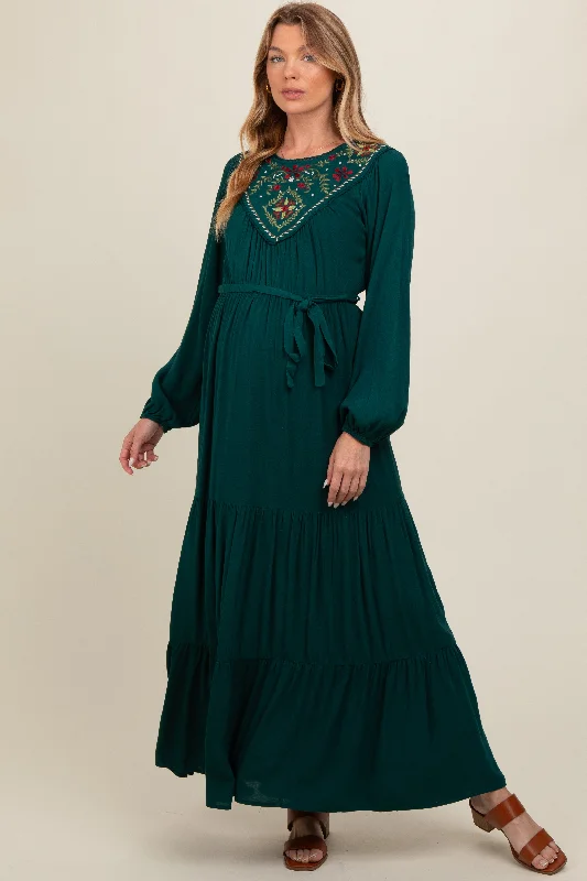 Dark Teal Embroidered Maternity Tiered Maxi Dress Comfortable Ruffle Hem Maxi Dress