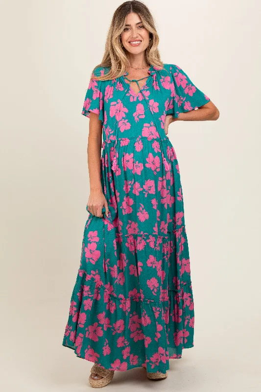 Dark Teal Floral Ruffle Neck Tiered Maternity Maxi Dress Stylish Boho Chic Maxi Dress