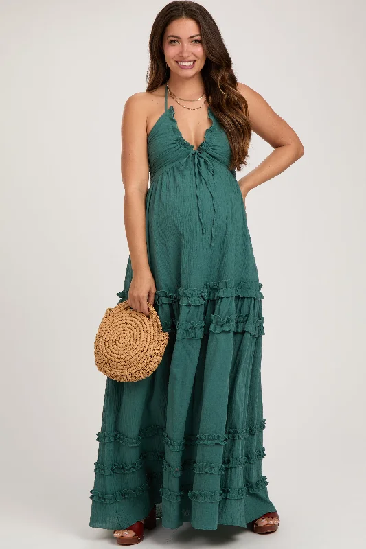 Dark Teal Ruffle Ruched Deep V-Neck Maternity Maxi Dress Classic Solid Maxi Dress