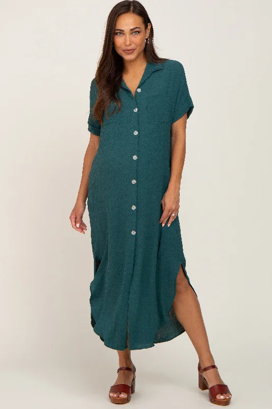 Forest Green Button Down Hi Low Maternity Maxi Dress Fashionable High-Waist Maxi Dress