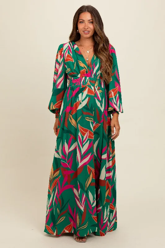 Forest Green Leaf Print Deep V-Neck Maternity Maxi Dress Elegant Maxi Dress with Pockets