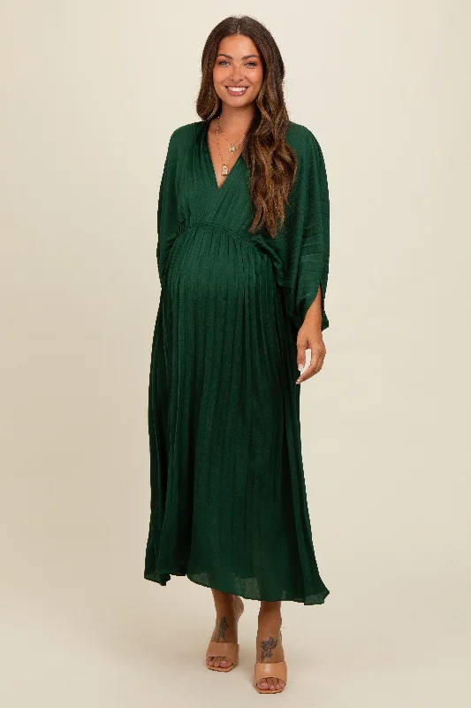 Forest Green Satin Pleated V-Neck Maternity Maxi Dress Cozy Ruffle Sleeve Maxi Dress