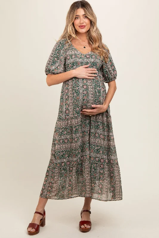 Forest Green V-Neck 3/4 Sleeve Maternity Maxi Dress Cozy Wrap Maxi Dress