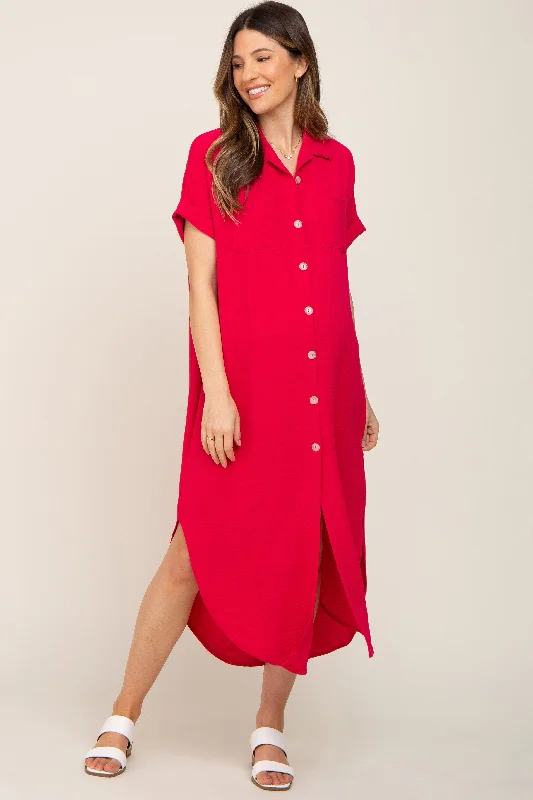 Fuchsia Button Down Hi Low Maternity Maxi Dress Classic Solid Maxi Dress