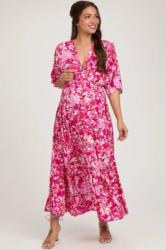 Fuchsia Floral Dolman Sleeve Tiered Maternity Maxi Dress Fashionable Faux Wrap Maxi Dress