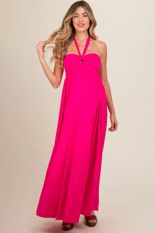 Fuchsia Front Knot Halter Maternity Maxi Dress Fashionable Halter Neck Maxi Dress