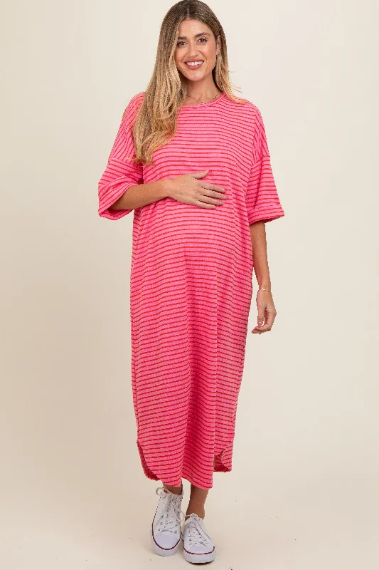 Fuchsia Striped Terry Maternity Maxi Dress Trendy A-Line Maxi Dress