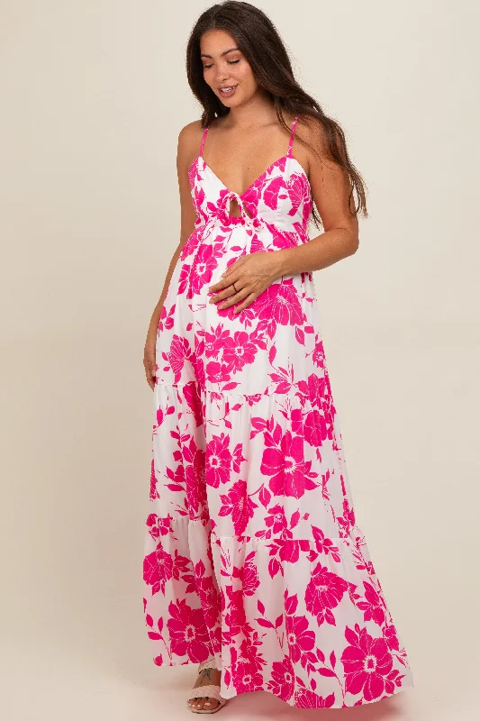 Fuchsia Tropical Floral Open Back Maternity Maxi Dress Trendy Short Sleeve Maxi Dress