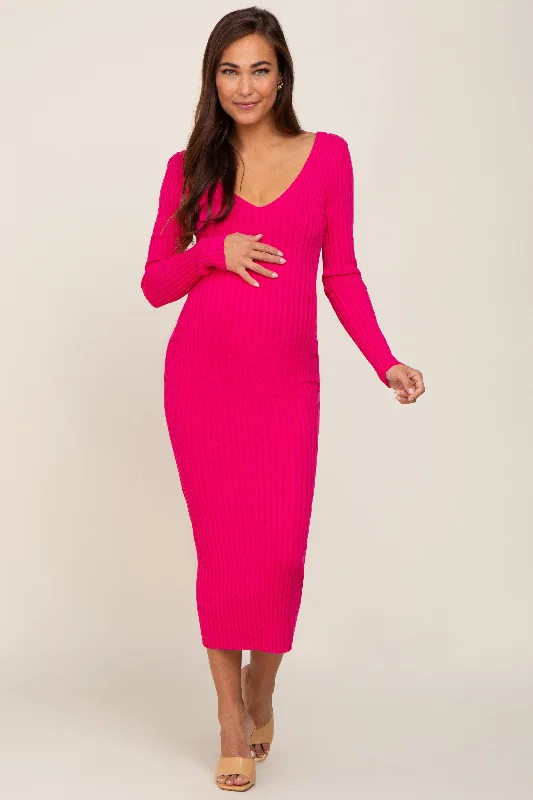 Fuchsia V-Neck Long Sleeve Fitted Maternity Maxi Dress Stylish V-Neck Maxi Dress