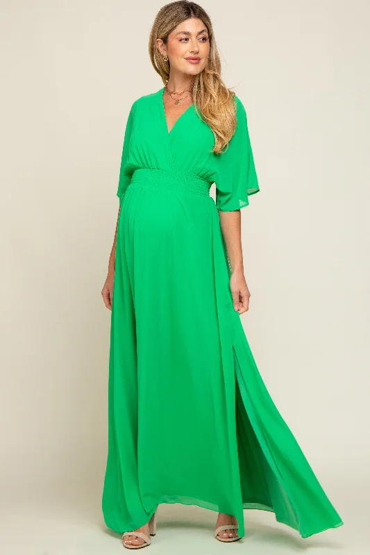 Green Chiffon V-Neck Smocked Waist Maternity Maxi Dress Stylish Empire Waist Maxi Dress