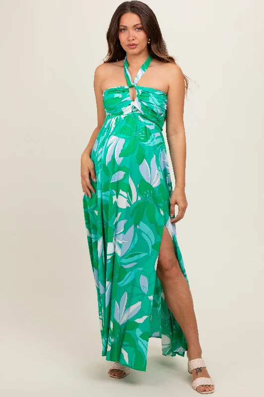 Green Floral Halter Maternity Maxi Dress Trendy Fit-and-Flare Maxi Dress