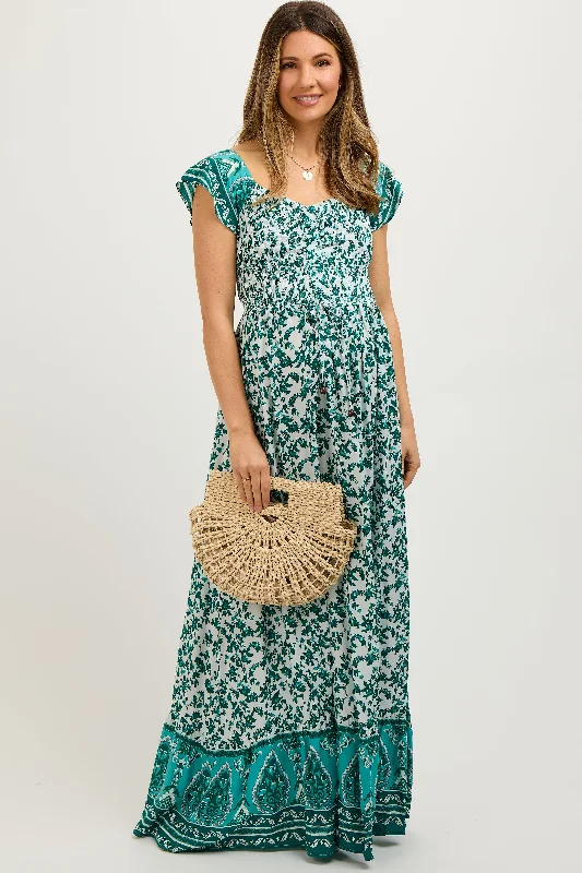 Green Floral Off Shoulder Smocked Maternity Maxi Dress Fashionable Chiffon Tiered Maxi Dress