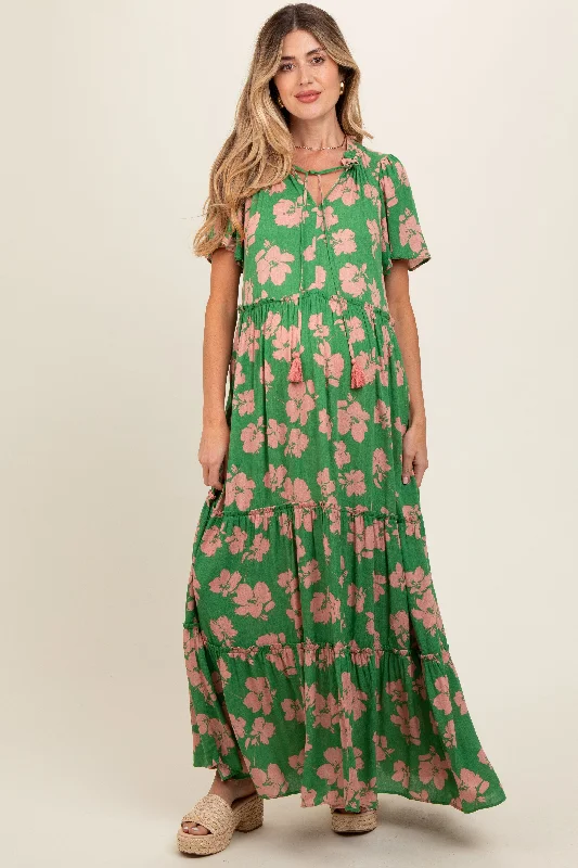 Green Floral Ruffle Neck Tiered Maternity Maxi Dress Classic Strapless Maxi Dress