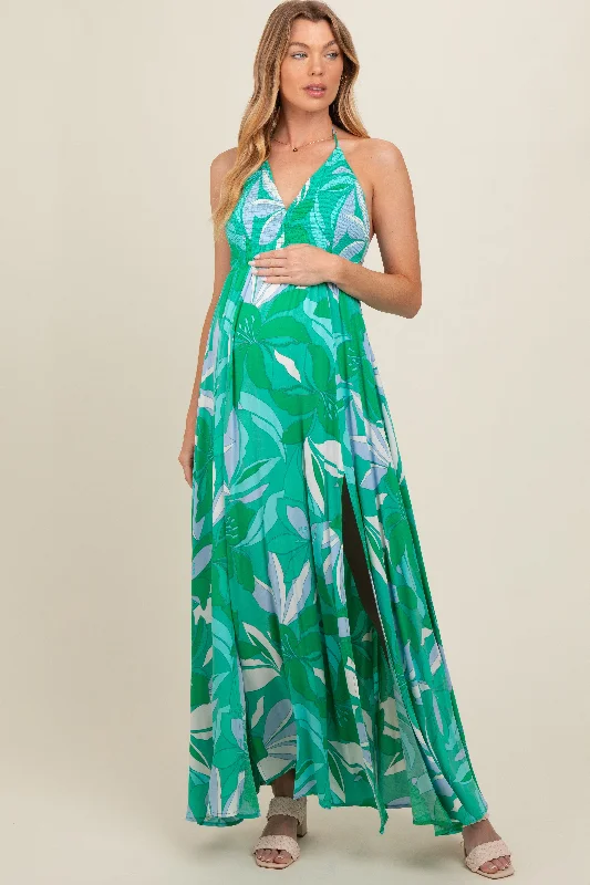 Green Floral Smocked Halter Open Back Maternity Maxi Dress Comfortable Maxi Dress with Slits