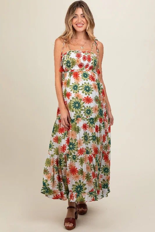 Green Floral Smocked Shoulder Tie Maternity Maxi Dress Stylish Off-Shoulder Maxi Dress