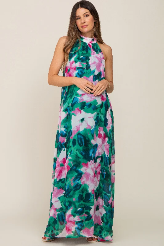 Green Multi-Color Halter Maternity Maxi Dress Trendy Printed Maxi Dress