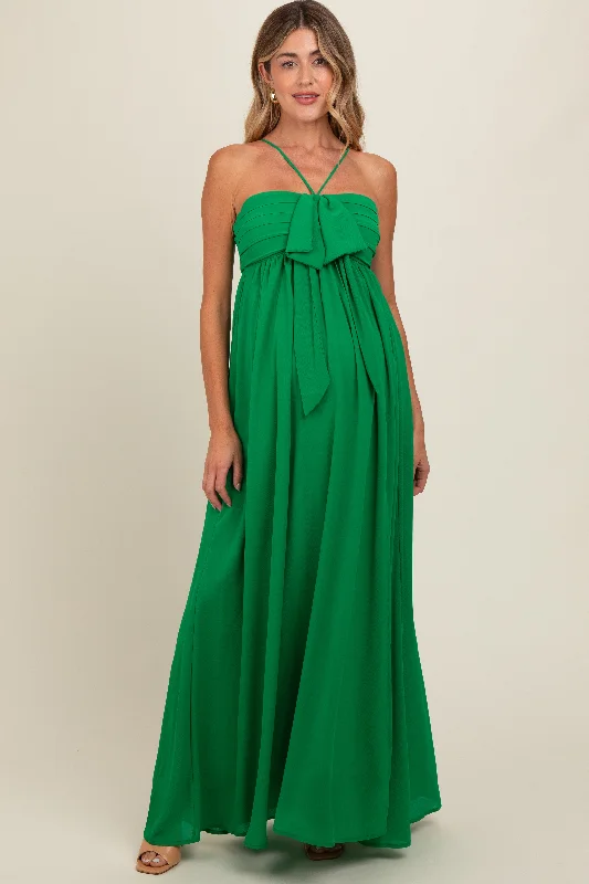 Green Pleated Front Tie Side Slit Maternity Maxi Dress Elegant Maxi Dress with Belt