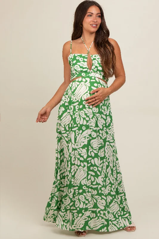 Green Printed Halter Cut-Out Maternity Maxi Dress Stylish Button-Up Maxi Dress