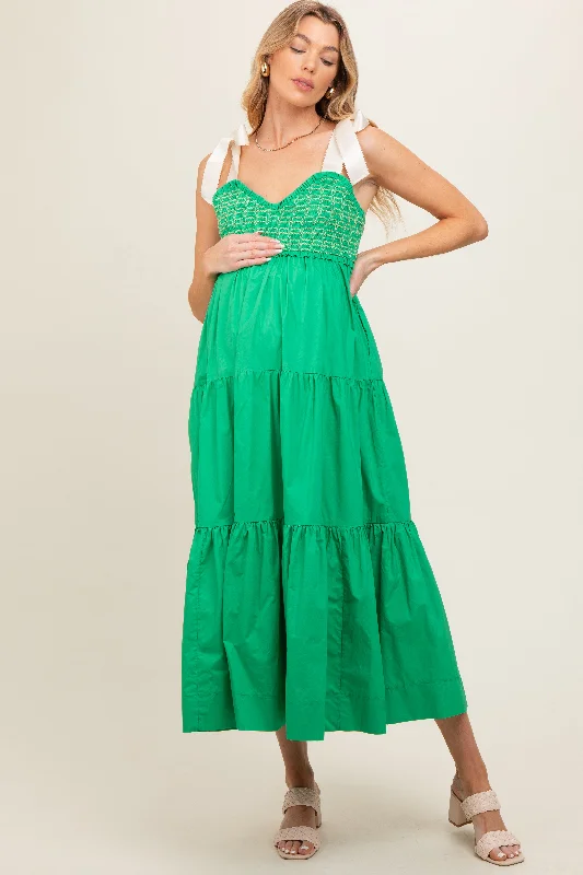 Green Ribbon Strap Tiered Maternity Maxi Dress Stylish V-Neck Maxi Dress