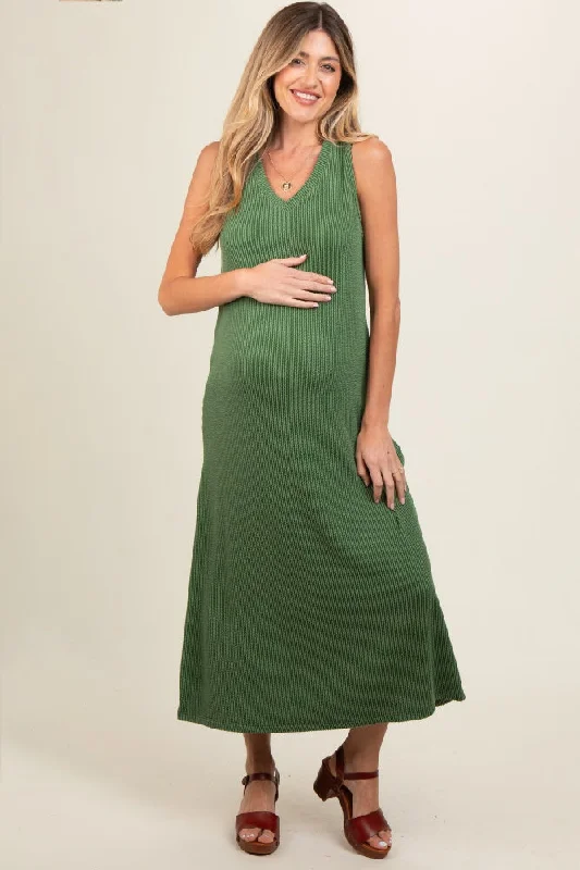 Green Sleeveless Ribbed Maternity Maxi Dress Trendy Floral Print Maxi Dress