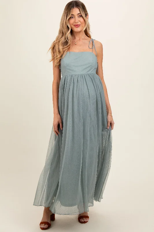 Green Square Neck Shoulder Tie Tulle Maternity Maxi Dress Cozy Knitted Maxi Dress