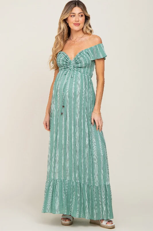 Green Striped Off Shoulder Front Tie Maternity Maxi Dress Fashionable Open-Back Maxi Dress