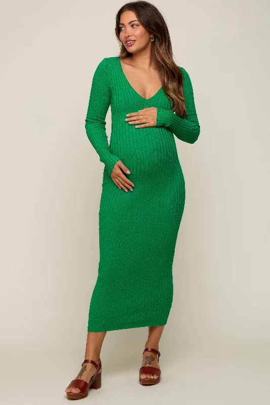 Green V-Neck Long Sleeve Fitted Maternity Maxi Dress Comfortable Fit-and-Flare Maxi Dress