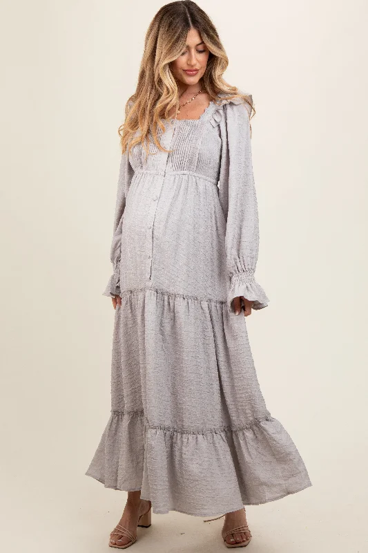 Grey Button Pleated Front Square Neck Ruffle Tiered Maternity Maxi Dress Cozy Maxi Dress with Slit