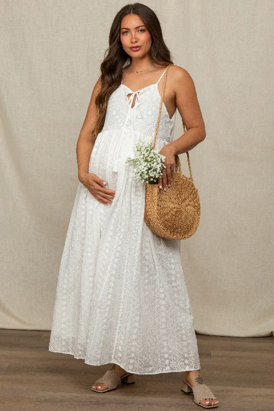 Ivory Embroidered Tassel Tie Maternity Maxi Dress Fashionable Layered Maxi Dress