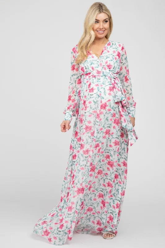 Ivory Floral Chiffon Long Sleeve Pleated Maternity Maxi Dress Fashionable High-Low Maxi Dress Ivory Floral Chiffon Long Sleeve Pleated Maternity Maxi Dress Fashionable High-Low Maxi Dress