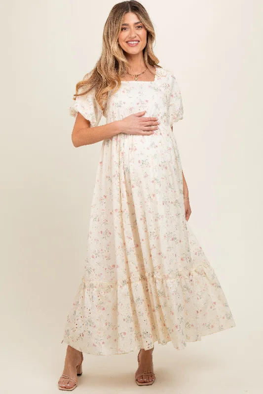 Ivory Floral Eyelet Puff Sleeve Maternity Maxi Dress Stylish Off-Shoulder Maxi Dress