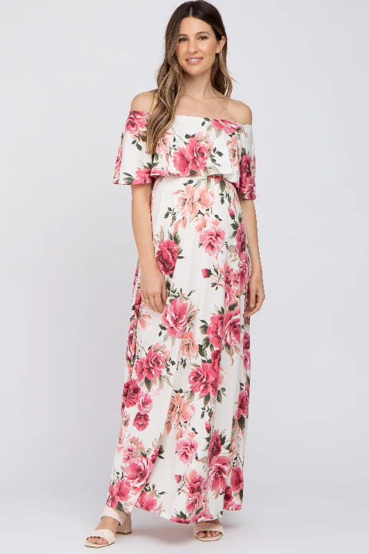 Ivory Floral Off Shoulder Flounce Maternity Maxi Dress Stylish Button-Up Maxi Dress