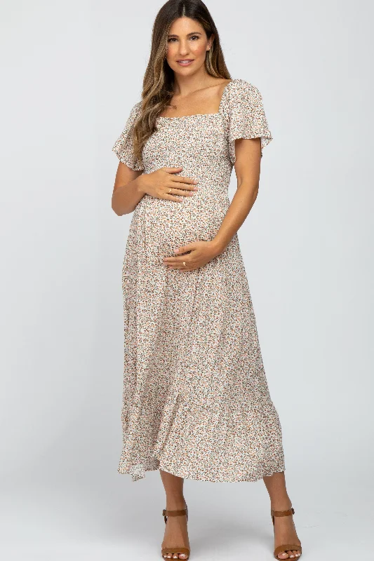 Ivory Floral Smocked Maternity Maxi Dress Elegant Lace Maxi Dress